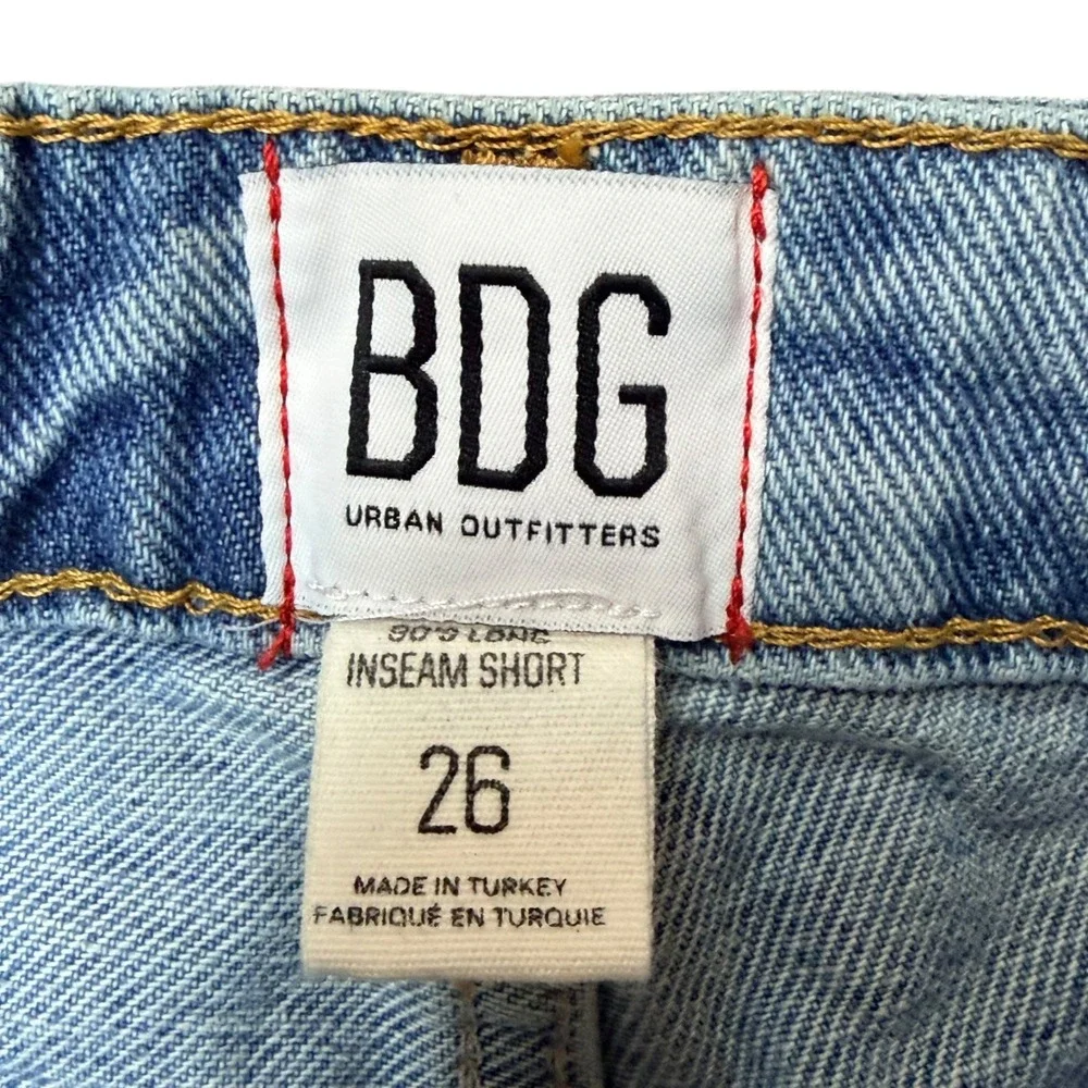 BDG 90s Long Inseam Shorts Women Size 26 Blue Distressed‎ Retro Festival Boho